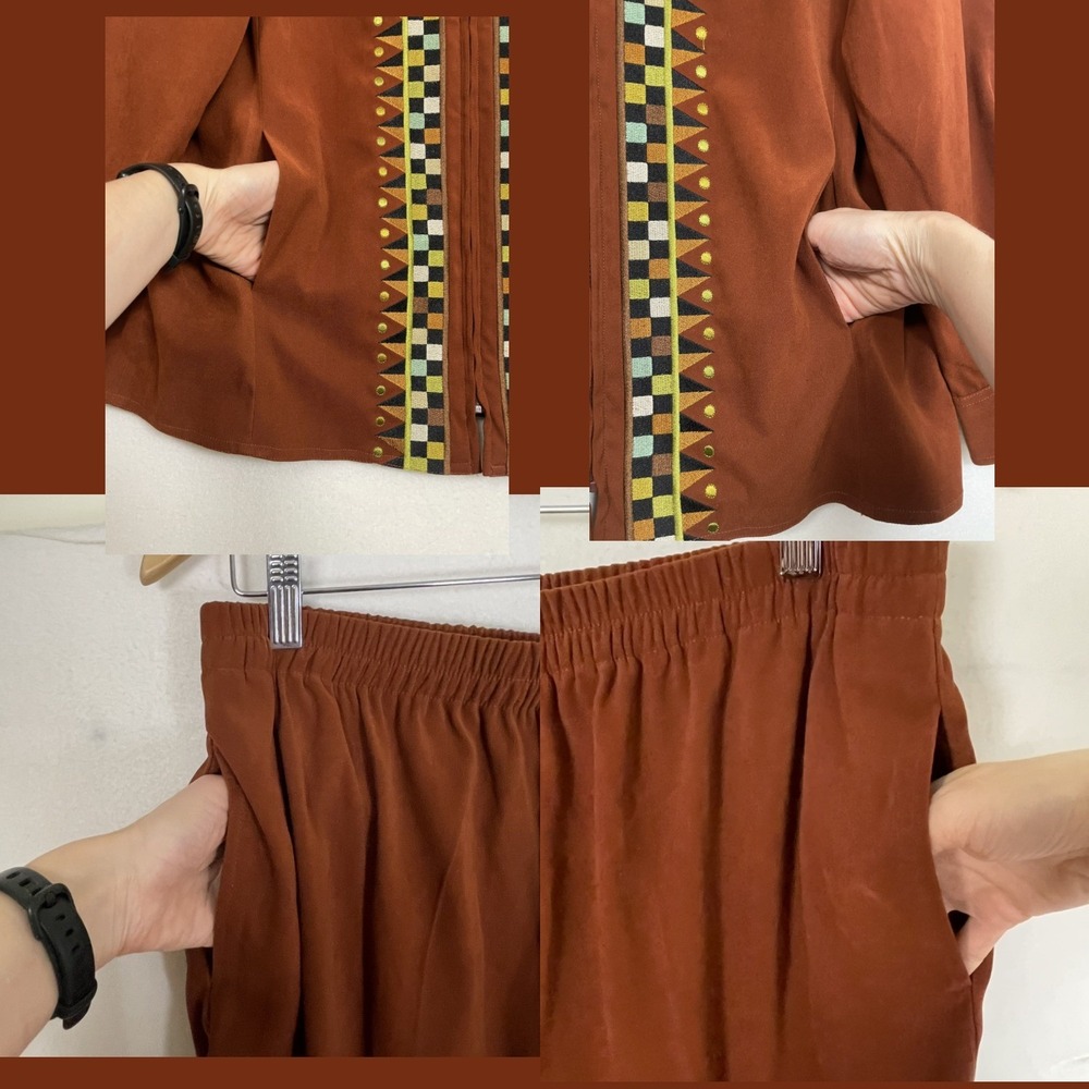 VTG Bob Mackie Wearable Art L 2pc Set Rust Embroidered Jacket Pants Hong‎ Kong - Picture 14 of 16